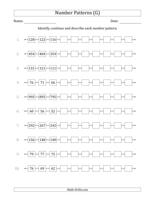 The Identifying, Continuing and Describing Decreasing Number Patterns (First 3 Numbers Shown) (G) Math Worksheet