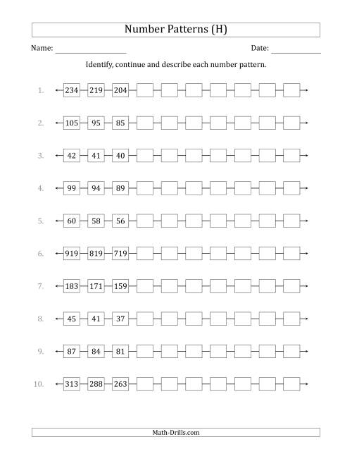 The Identifying, Continuing and Describing Decreasing Number Patterns (First 3 Numbers Shown) (H) Math Worksheet