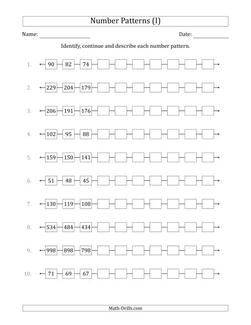 The Identifying, Continuing and Describing Decreasing Number Patterns (First 3 Numbers Shown) (I) Math Worksheet