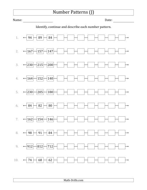 The Identifying, Continuing and Describing Decreasing Number Patterns (First 3 Numbers Shown) (J) Math Worksheet