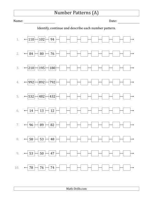 The Identifying, Continuing and Describing Decreasing Number Patterns (First 3 Numbers Shown) (All) Math Worksheet