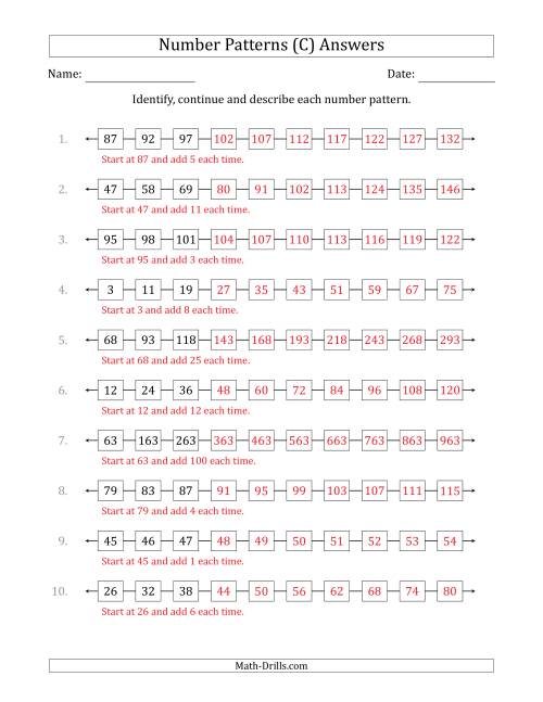 The Identifying, Continuing and Describing Increasing Number Patterns (First 3 Numbers Shown) (C) Math Worksheet Page 2