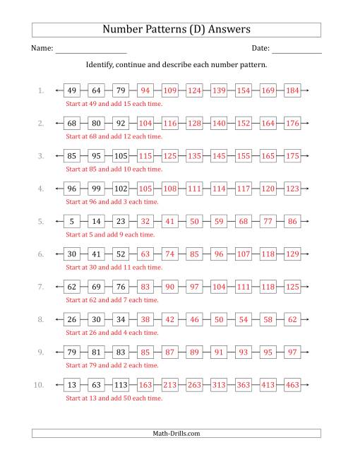 The Identifying, Continuing and Describing Increasing Number Patterns (First 3 Numbers Shown) (D) Math Worksheet Page 2