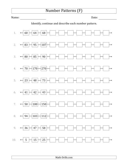 The Identifying, Continuing and Describing Increasing Number Patterns (First 3 Numbers Shown) (F) Math Worksheet