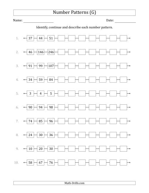 The Identifying, Continuing and Describing Increasing Number Patterns (First 3 Numbers Shown) (G) Math Worksheet