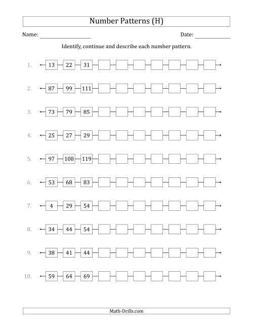The Identifying, Continuing and Describing Increasing Number Patterns (First 3 Numbers Shown) (H) Math Worksheet