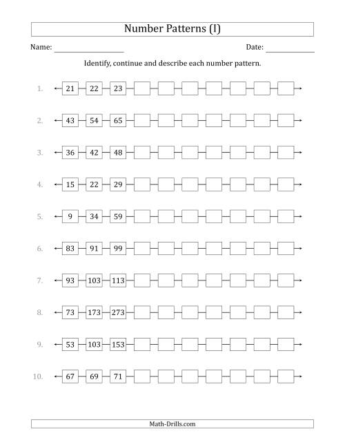 The Identifying, Continuing and Describing Increasing Number Patterns (First 3 Numbers Shown) (I) Math Worksheet