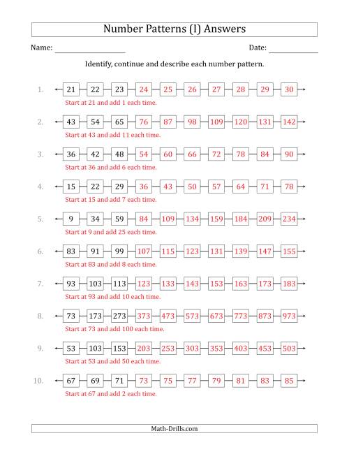 The Identifying, Continuing and Describing Increasing Number Patterns (First 3 Numbers Shown) (I) Math Worksheet Page 2