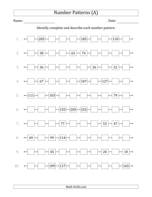 The Identifying, Continuing and Describing Increasing and Decreasing Number Patterns (Random 3 Numbers Shown) (A) Math Worksheet