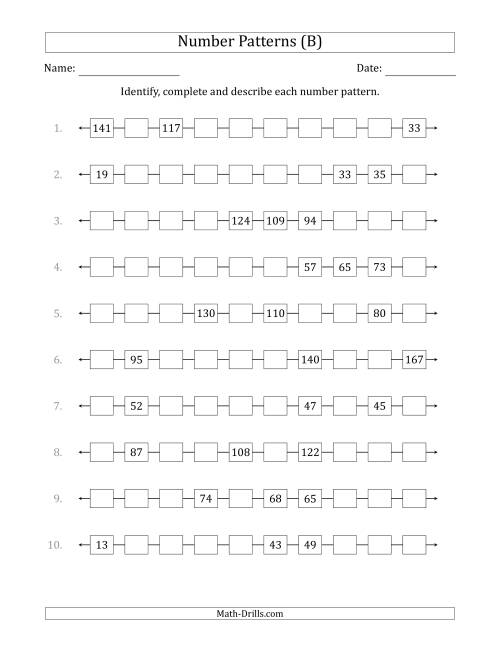 The Identifying, Continuing and Describing Increasing and Decreasing Number Patterns (Random 3 Numbers Shown) (B) Math Worksheet
