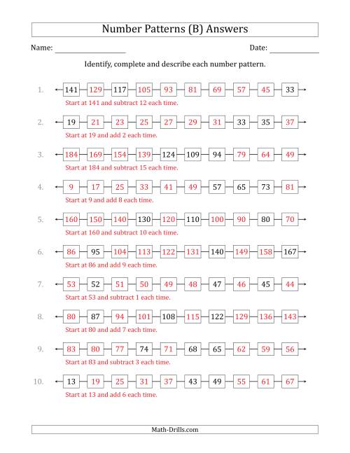 The Identifying, Continuing and Describing Increasing and Decreasing Number Patterns (Random 3 Numbers Shown) (B) Math Worksheet Page 2