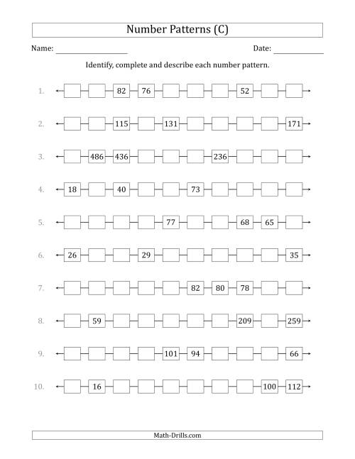 The Identifying, Continuing and Describing Increasing and Decreasing Number Patterns (Random 3 Numbers Shown) (C) Math Worksheet