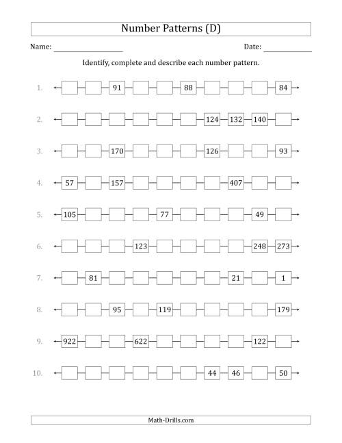 The Identifying, Continuing and Describing Increasing and Decreasing Number Patterns (Random 3 Numbers Shown) (D) Math Worksheet