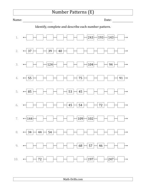 The Identifying, Continuing and Describing Increasing and Decreasing Number Patterns (Random 3 Numbers Shown) (E) Math Worksheet