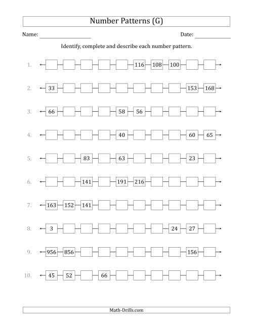 The Identifying, Continuing and Describing Increasing and Decreasing Number Patterns (Random 3 Numbers Shown) (G) Math Worksheet