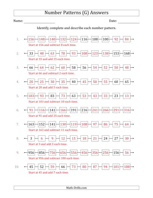 The Identifying, Continuing and Describing Increasing and Decreasing Number Patterns (Random 3 Numbers Shown) (G) Math Worksheet Page 2