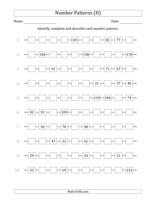 The Identifying, Continuing and Describing Increasing and Decreasing Number Patterns (Random 3 Numbers Shown) (H) Math Worksheet
