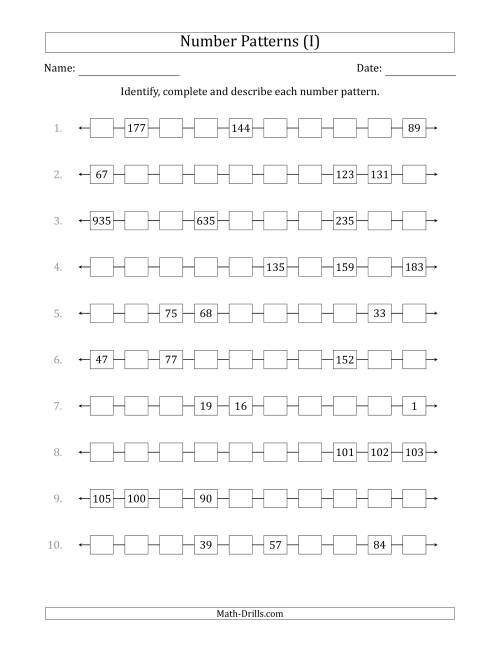 The Identifying, Continuing and Describing Increasing and Decreasing Number Patterns (Random 3 Numbers Shown) (I) Math Worksheet