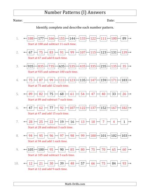 The Identifying, Continuing and Describing Increasing and Decreasing Number Patterns (Random 3 Numbers Shown) (I) Math Worksheet Page 2