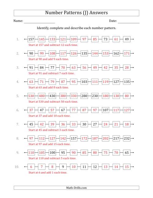 The Identifying, Continuing and Describing Increasing and Decreasing Number Patterns (Random 3 Numbers Shown) (J) Math Worksheet Page 2
