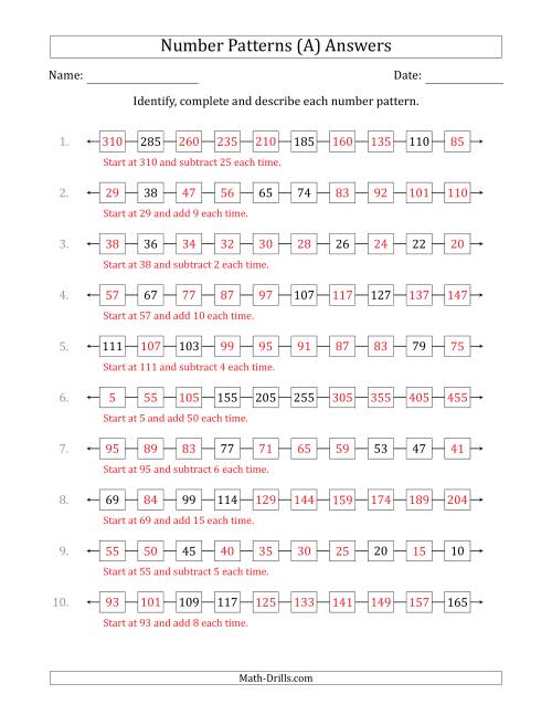 The Identifying, Continuing and Describing Increasing and Decreasing Number Patterns (Random 3 Numbers Shown) (All) Math Worksheet Page 2