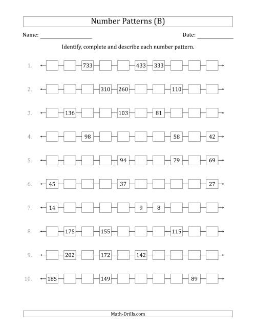 The Identifying, Continuing and Describing Decreasing Number Patterns (Random 3 Numbers Shown) (B) Math Worksheet