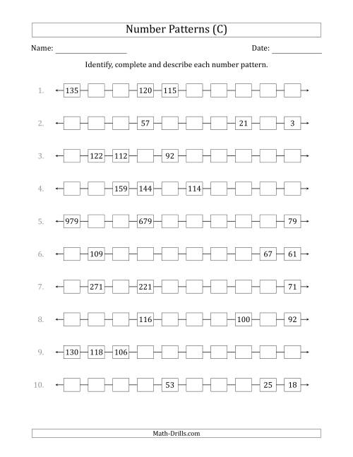 The Identifying, Continuing and Describing Decreasing Number Patterns (Random 3 Numbers Shown) (C) Math Worksheet