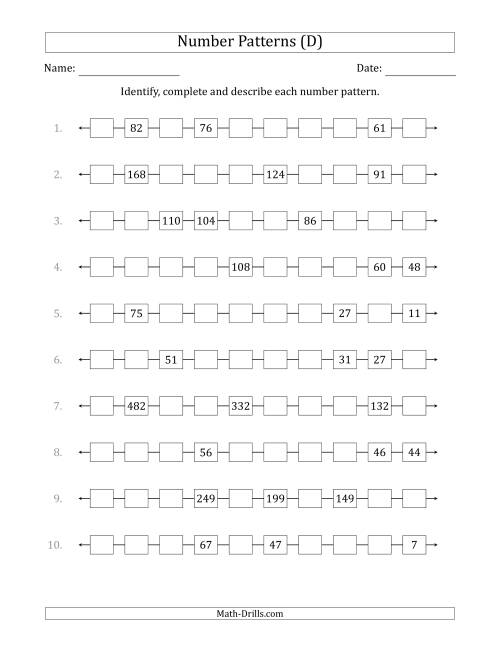 The Identifying, Continuing and Describing Decreasing Number Patterns (Random 3 Numbers Shown) (D) Math Worksheet