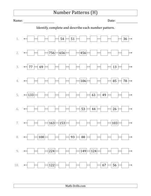 The Identifying, Continuing and Describing Decreasing Number Patterns (Random 3 Numbers Shown) (H) Math Worksheet