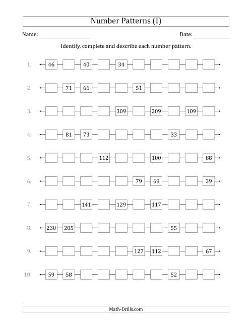 The Identifying, Continuing and Describing Decreasing Number Patterns (Random 3 Numbers Shown) (I) Math Worksheet