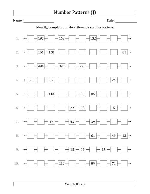 The Identifying, Continuing and Describing Decreasing Number Patterns (Random 3 Numbers Shown) (J) Math Worksheet