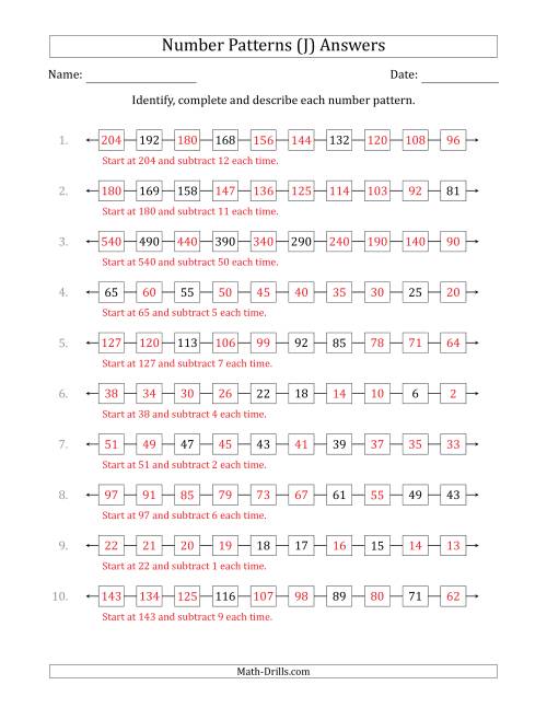 The Identifying, Continuing and Describing Decreasing Number Patterns (Random 3 Numbers Shown) (J) Math Worksheet Page 2
