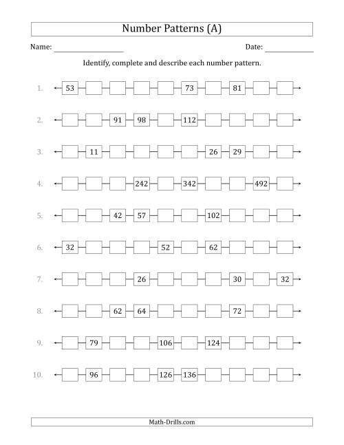 The Identifying, Continuing and Describing Increasing Number Patterns (Random 3 Numbers Shown) (A) Math Worksheet