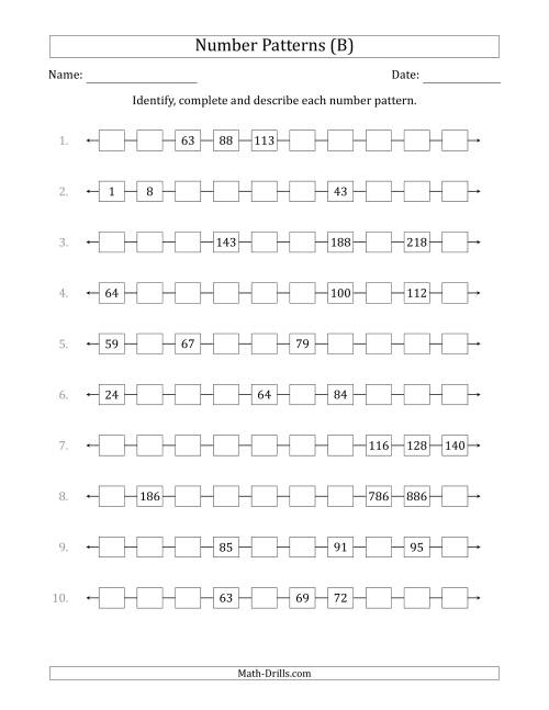 The Identifying, Continuing and Describing Increasing Number Patterns (Random 3 Numbers Shown) (B) Math Worksheet