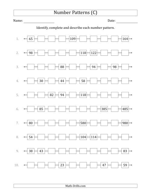 The Identifying, Continuing and Describing Increasing Number Patterns (Random 3 Numbers Shown) (C) Math Worksheet
