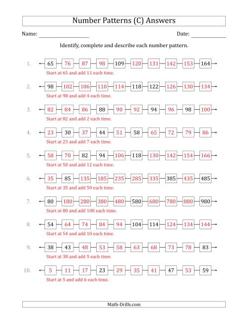 The Identifying, Continuing and Describing Increasing Number Patterns (Random 3 Numbers Shown) (C) Math Worksheet Page 2