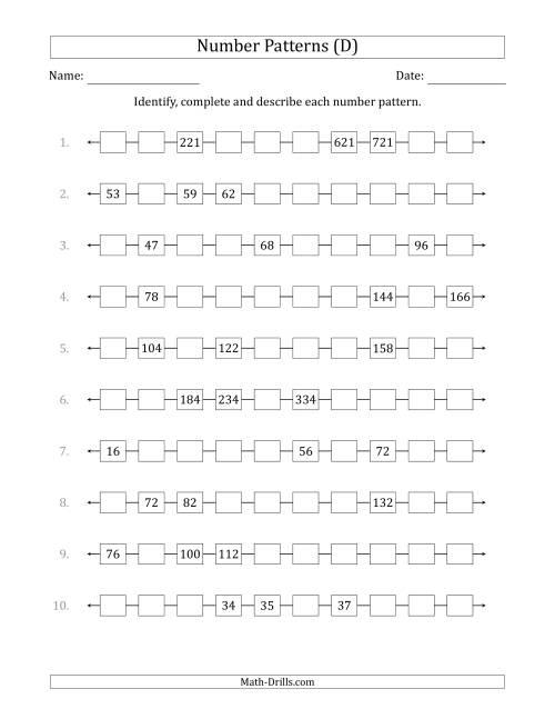 The Identifying, Continuing and Describing Increasing Number Patterns (Random 3 Numbers Shown) (D) Math Worksheet