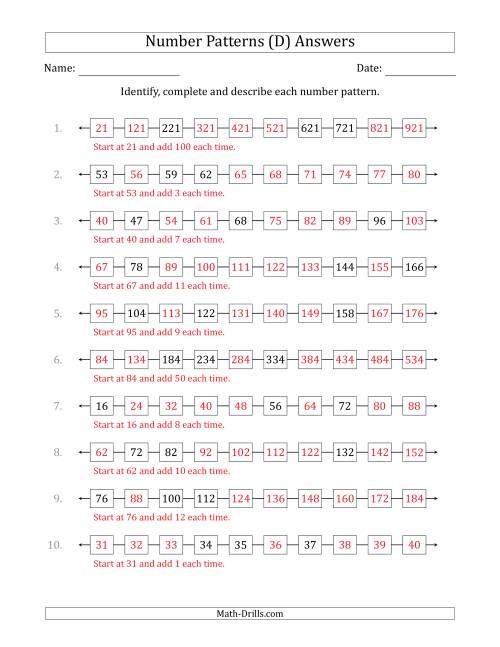 The Identifying, Continuing and Describing Increasing Number Patterns (Random 3 Numbers Shown) (D) Math Worksheet Page 2