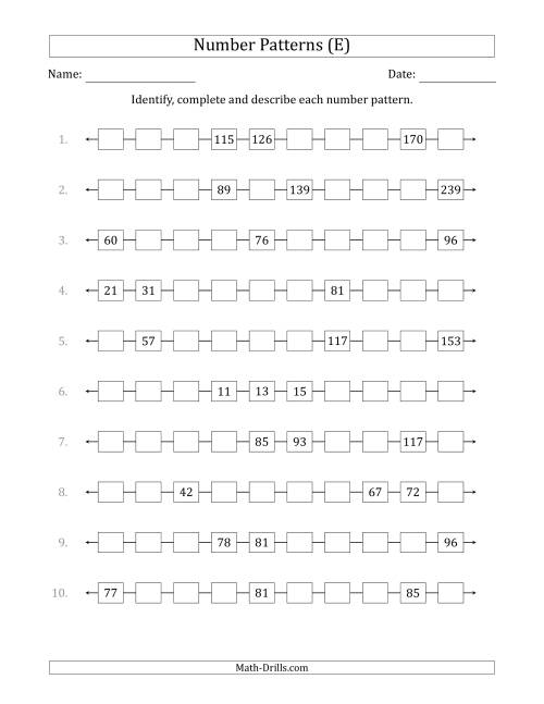 The Identifying, Continuing and Describing Increasing Number Patterns (Random 3 Numbers Shown) (E) Math Worksheet