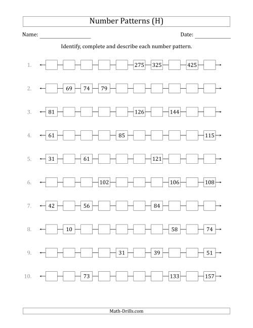The Identifying, Continuing and Describing Increasing Number Patterns (Random 3 Numbers Shown) (H) Math Worksheet