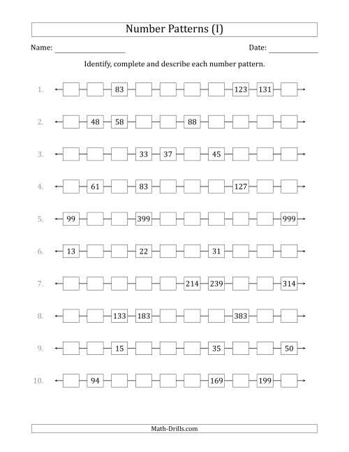 The Identifying, Continuing and Describing Increasing Number Patterns (Random 3 Numbers Shown) (I) Math Worksheet