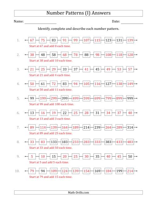 The Identifying, Continuing and Describing Increasing Number Patterns (Random 3 Numbers Shown) (I) Math Worksheet Page 2