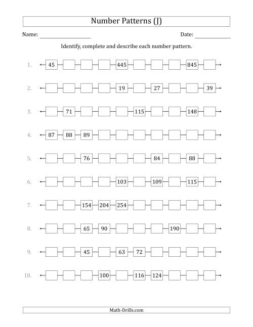 The Identifying, Continuing and Describing Increasing Number Patterns (Random 3 Numbers Shown) (J) Math Worksheet