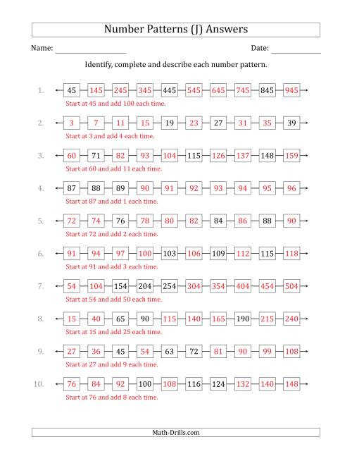 The Identifying, Continuing and Describing Increasing Number Patterns (Random 3 Numbers Shown) (J) Math Worksheet Page 2
