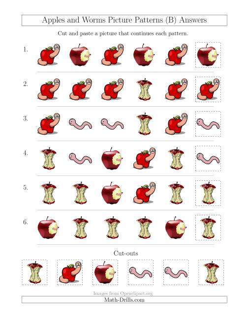 The Apples and Worms Picture Patterns with Shape Attribute Only (B) Math Worksheet Page 2
