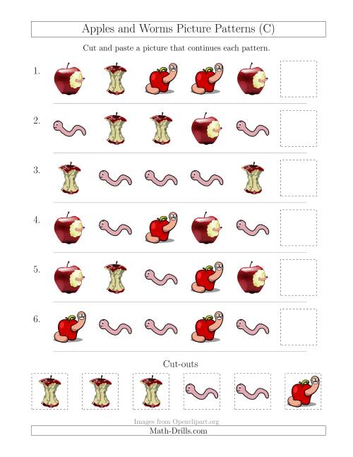 The Apples and Worms Picture Patterns with Shape Attribute Only (C) Math Worksheet
