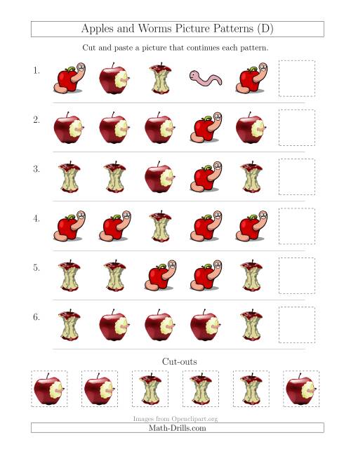The Apples and Worms Picture Patterns with Shape Attribute Only (D) Math Worksheet