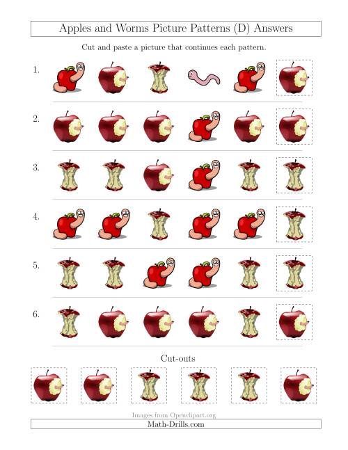 The Apples and Worms Picture Patterns with Shape Attribute Only (D) Math Worksheet Page 2