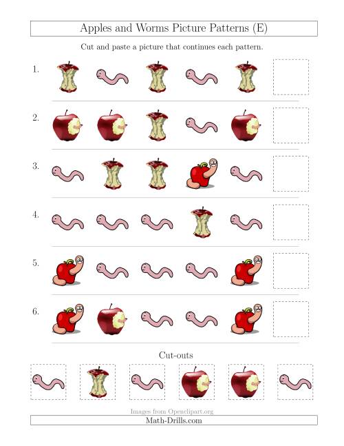 The Apples and Worms Picture Patterns with Shape Attribute Only (E) Math Worksheet
