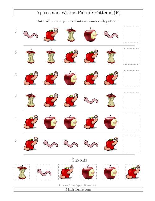 The Apples and Worms Picture Patterns with Shape Attribute Only (F) Math Worksheet